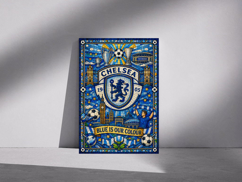 A poster featuring the Chelsea Football Club logo and various football-related imagery, including a lion, soccer balls, and a stadium.