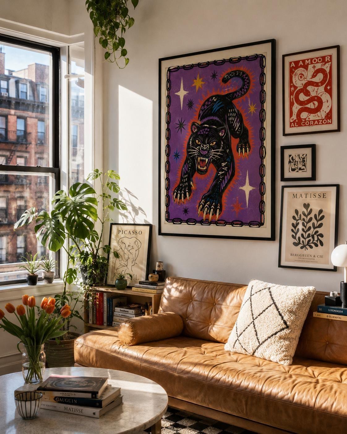 May include: A stylish living room featuring a brown leather sofa, a round coffee table, and various framed artworks. A large framed print of a black panther against a purple backdrop dominates. Plants and flowers enhance the room's aesthetic.