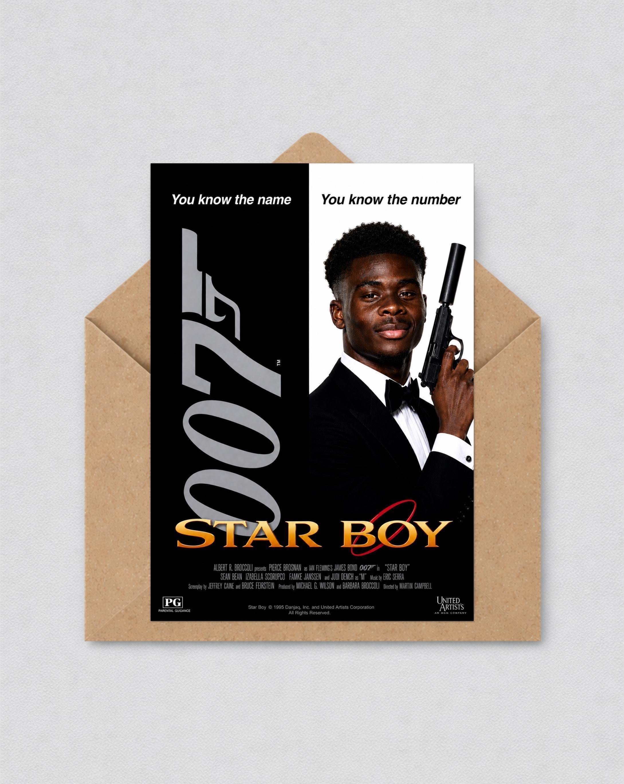 Bukayo Saka Star Boy Card, James Bond Inspired Arsenal Card, Gooner Birthday Card | 172