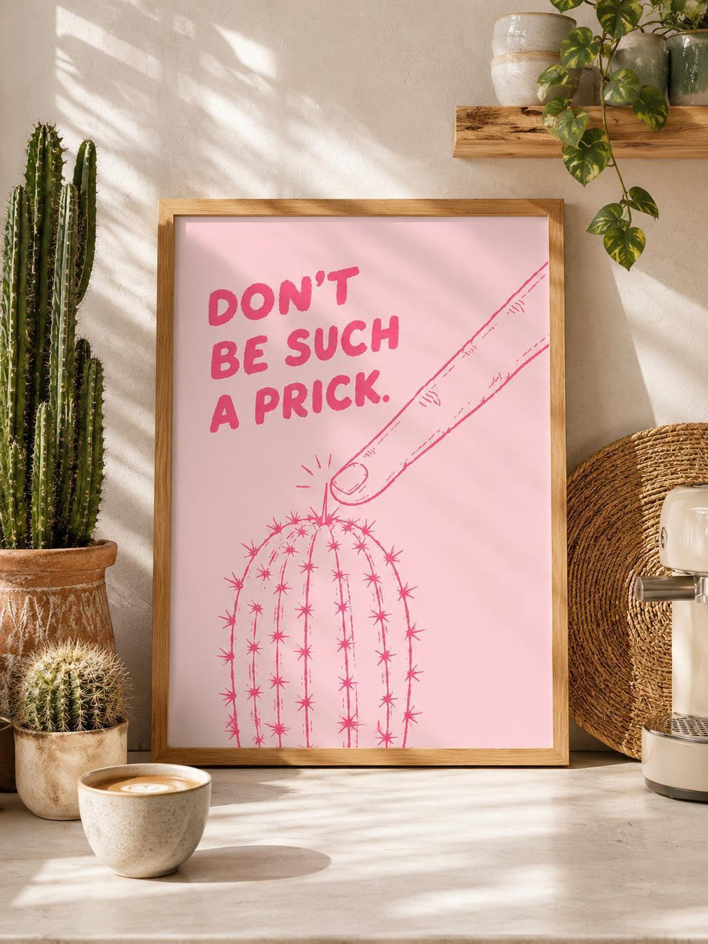 Funny Cactus Wall Art Print, Don't Be Such A Prick Print, Hand Drawn Line Art Poster, Sarcastic Friendship Gift, Pink Artwork | 159A