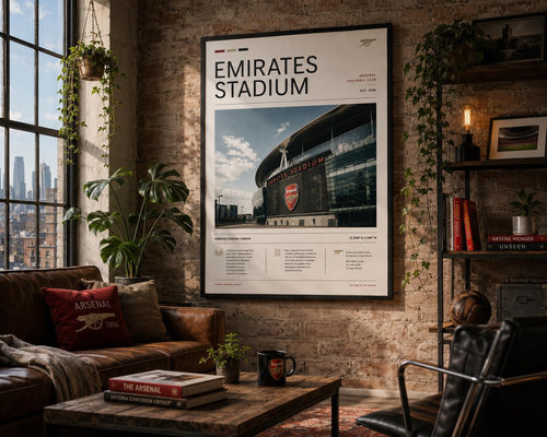 May include: A framed poster of the Emirates Stadium, home of Arsenal Football Club. The poster is in a black frame and displays the stadium's name and a photograph of the exterior. The room also features a leather sofa, a coffee table, and a brick wall.
