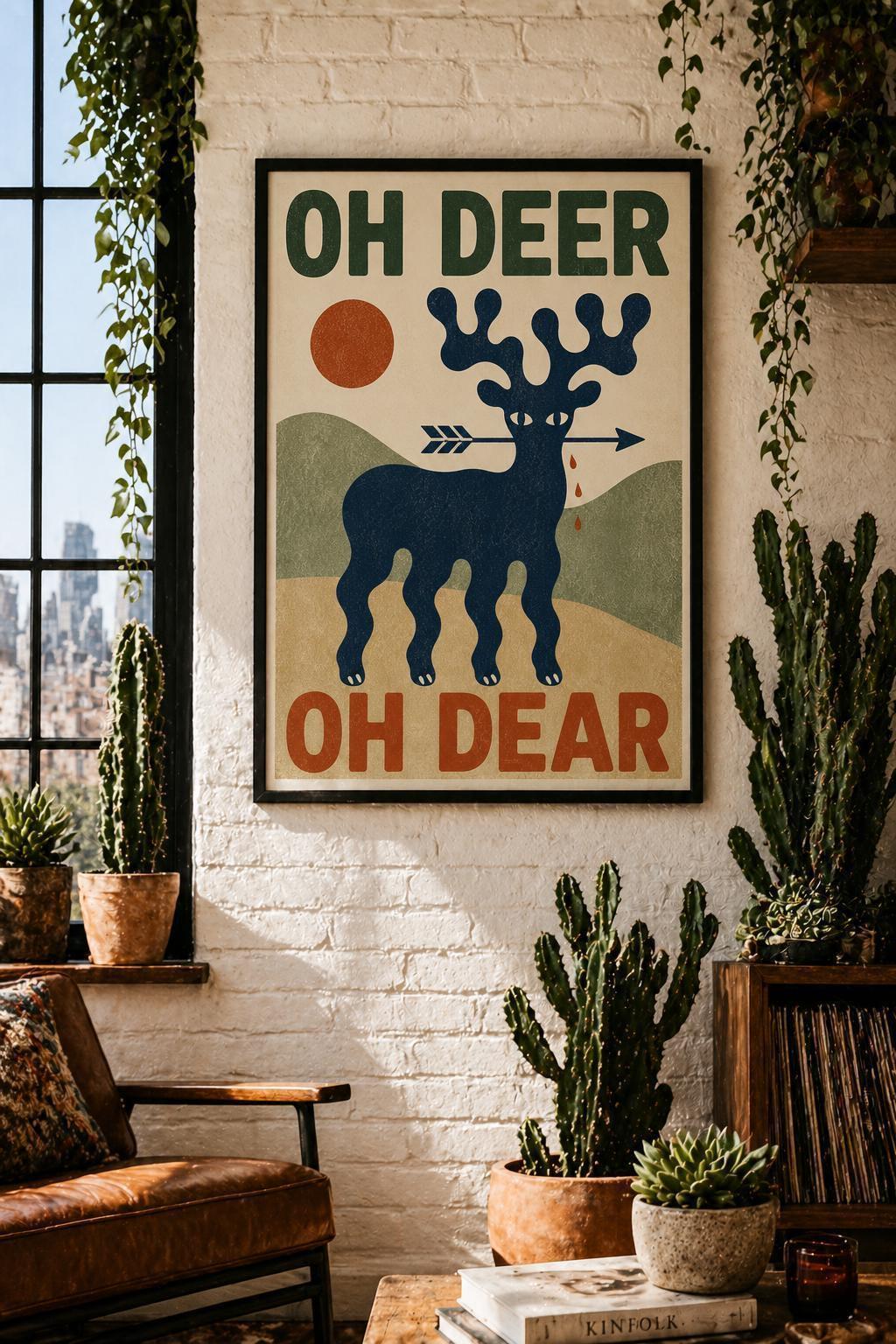 Funny Oh Deer Print, Retro Deer Print,, Scandinavian Wall Art, Minimalist Animal Poster | 112A