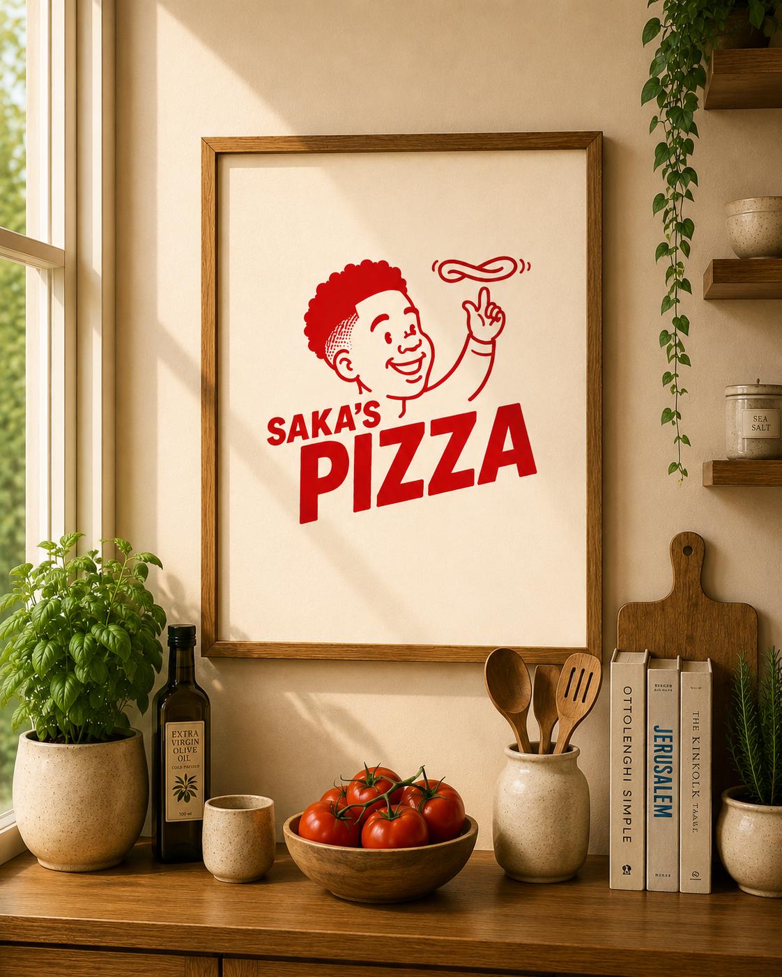 a framed poster of a smiling man holding a pizza, surrounded by various kitchen items such as a bowl of tomatoes, a bottle of olive oil, and a wooden cutting board.