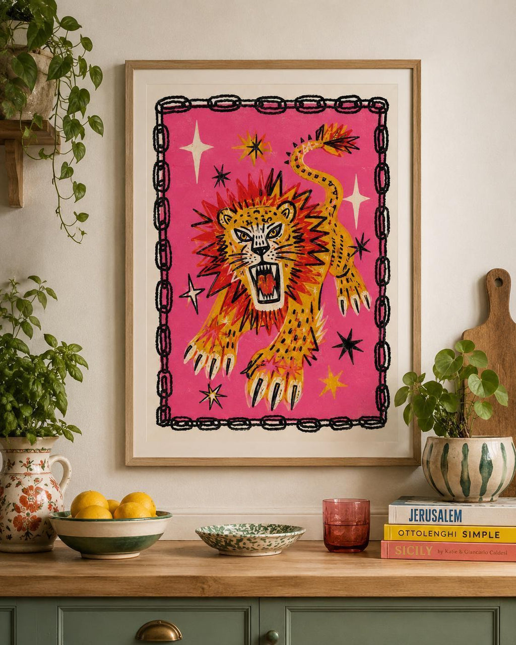 Roaring Leopard Print, Maximalist Animal Wall Art, Pink Leopard Poster, Eclectic Home Decor, Colourful Big Cat Print, A3 A4 Wall Art | 019