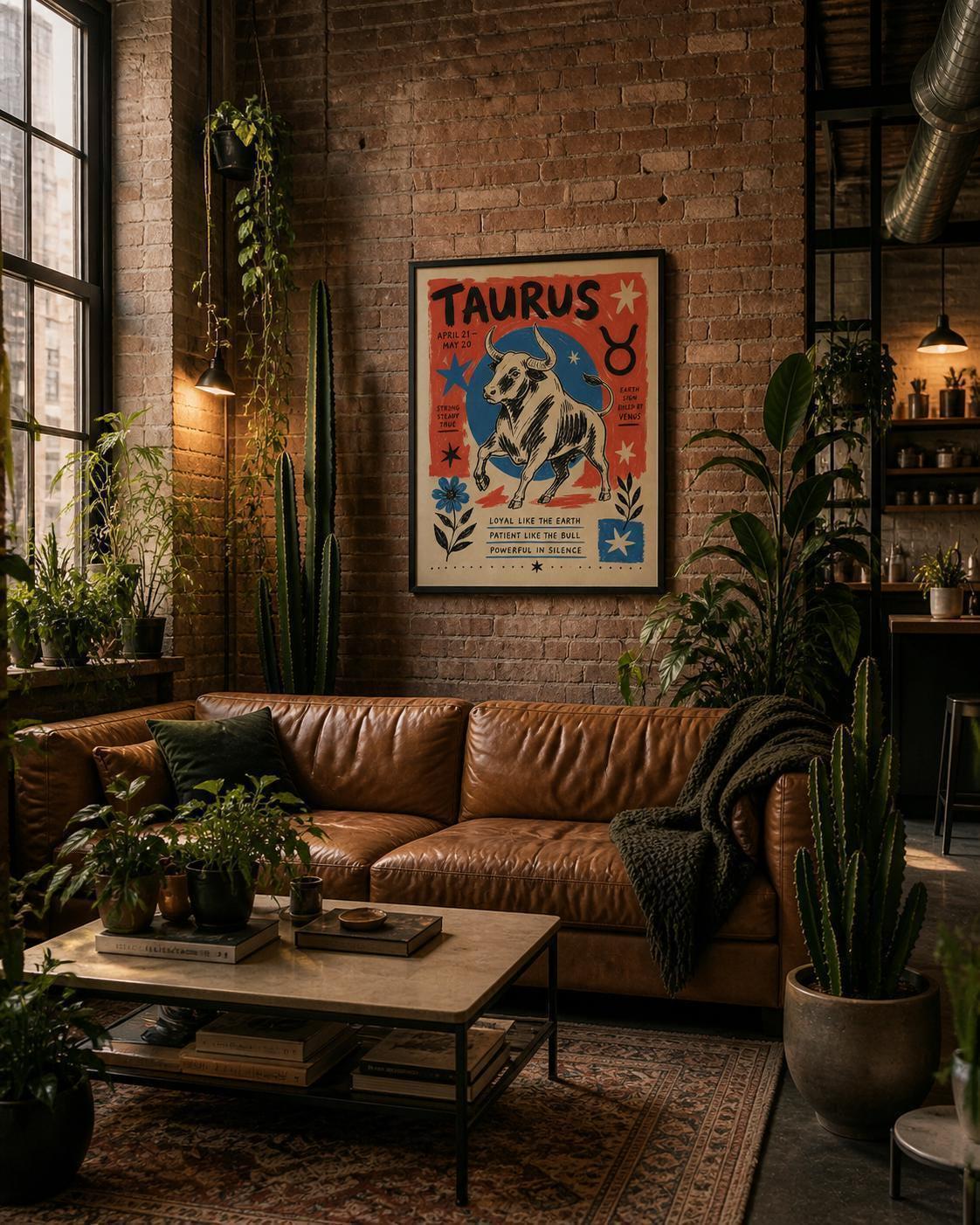 May include: A living room with a brown leather sofa, a coffee table, and a framed Taurus poster. The room features a brick wall, plants, and a rug, creating a warm atmosphere. The poster has the text "TAURUS".