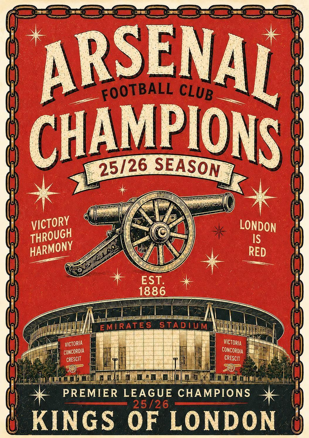 Arsenal Fan Art | Champions 25/26 Vintage Style Poster Prin | Arsenal Fan Art Gift | A3/A4/A5 Print | 136A