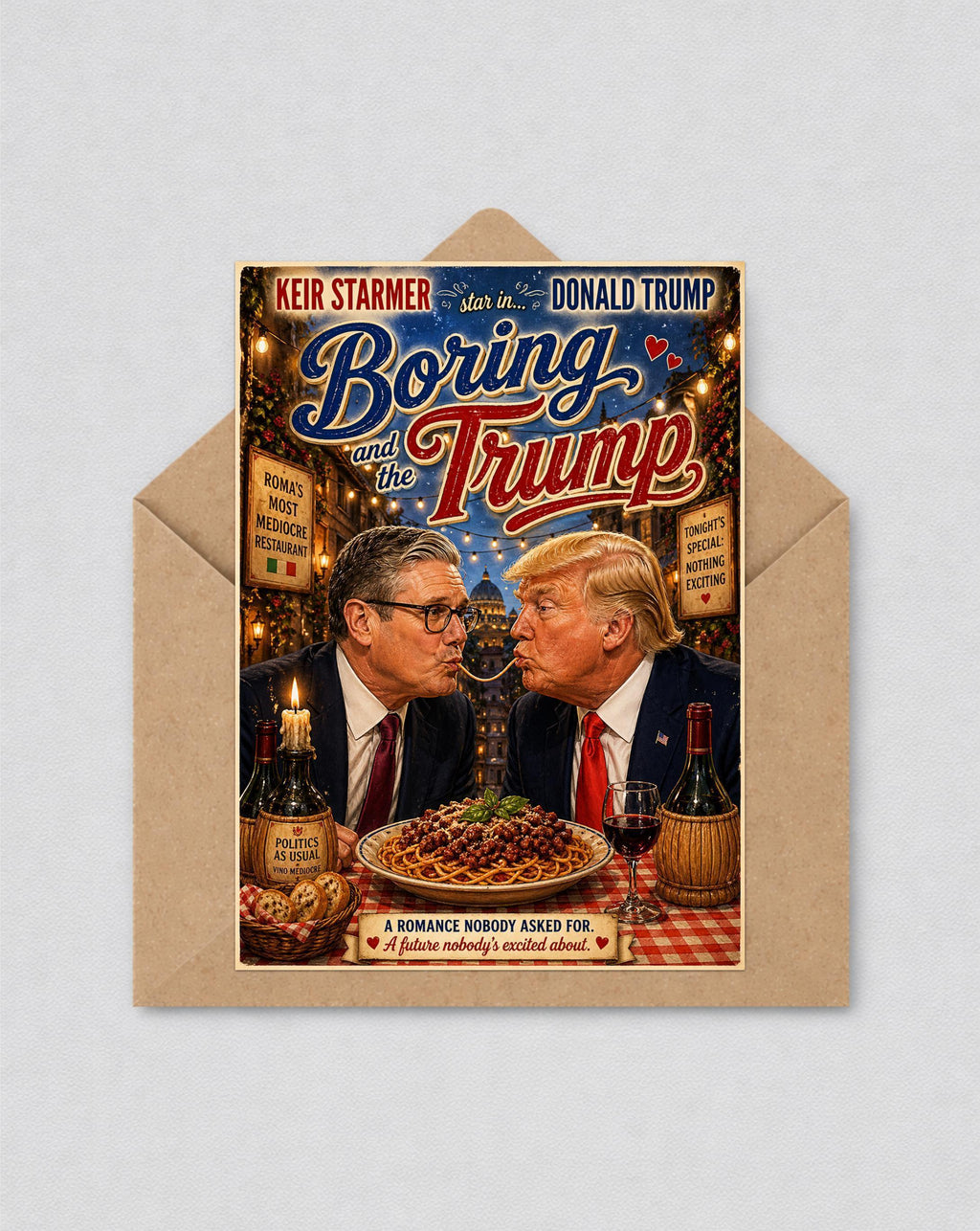 May include: A novelty greeting card depicting Keir Starmer and Donald Trump sharing spaghetti, parodying a movie poster. The title reads "Boring and the Trump". The card is inside a brown envelope.