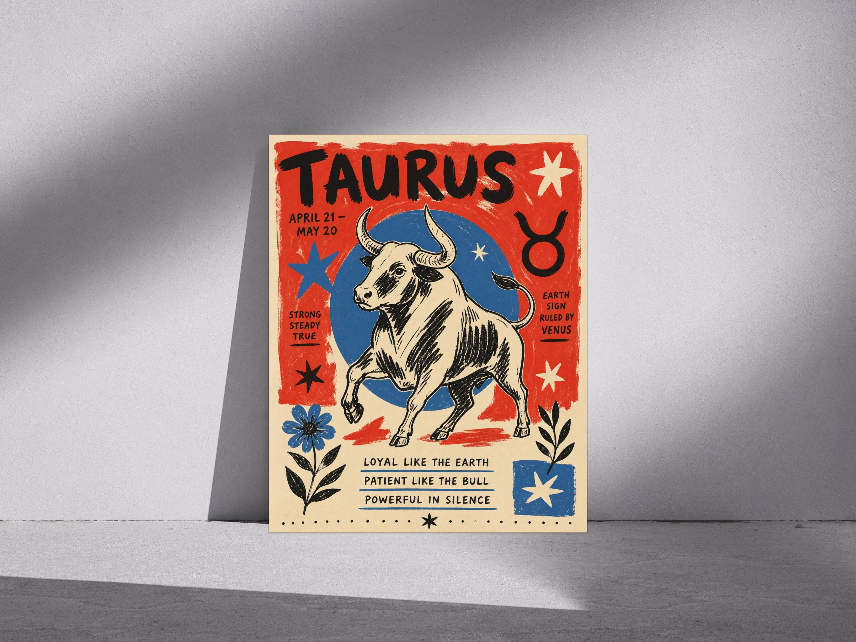 Taurus Zodiac Art Print – Vintage Bull Illustration, Astrology Wall Decor, April May Star Sign Gift | 115A