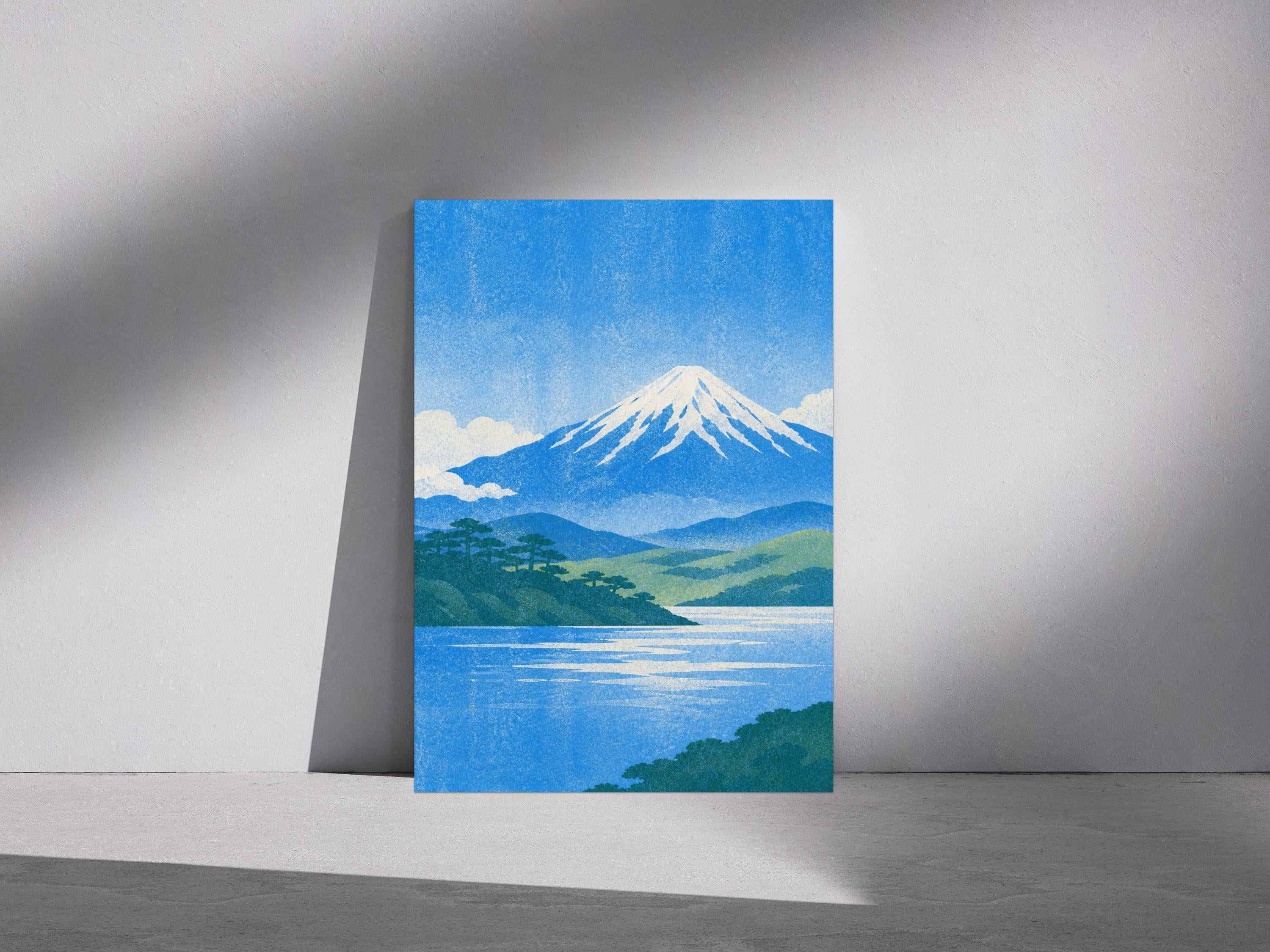Mount Fuji Wall Print, Japanese Landscape Art, Vintage Style Wall Art, Minimalist Nature Poster, Blue Scenic Japan Artwork | 113A