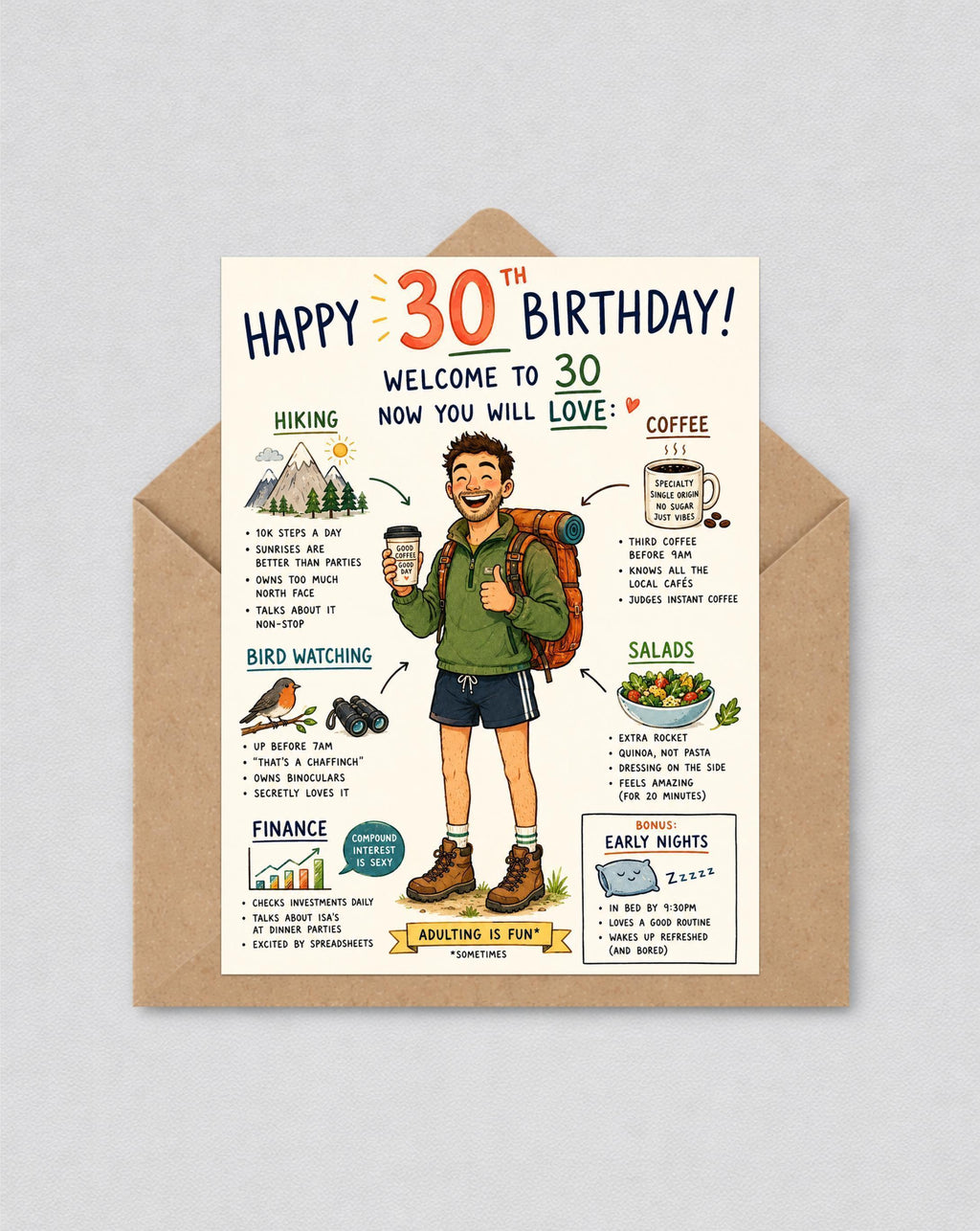 Funny 30th Birthday Card for Him | Joke Card | Hiking Coffee Finance Humor Card | 123