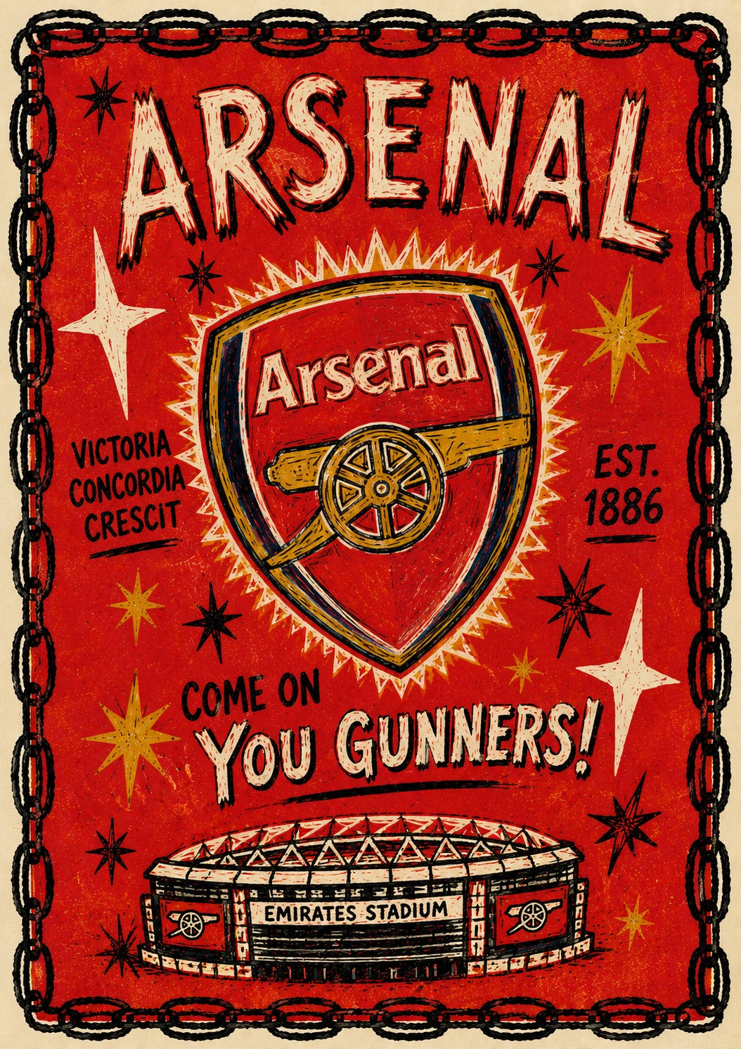 The image is a poster for Arsenal Football Club, featuring the club's logo, a shield with a cannon, and the text "Arsenal Arsenal" prominently displayed.