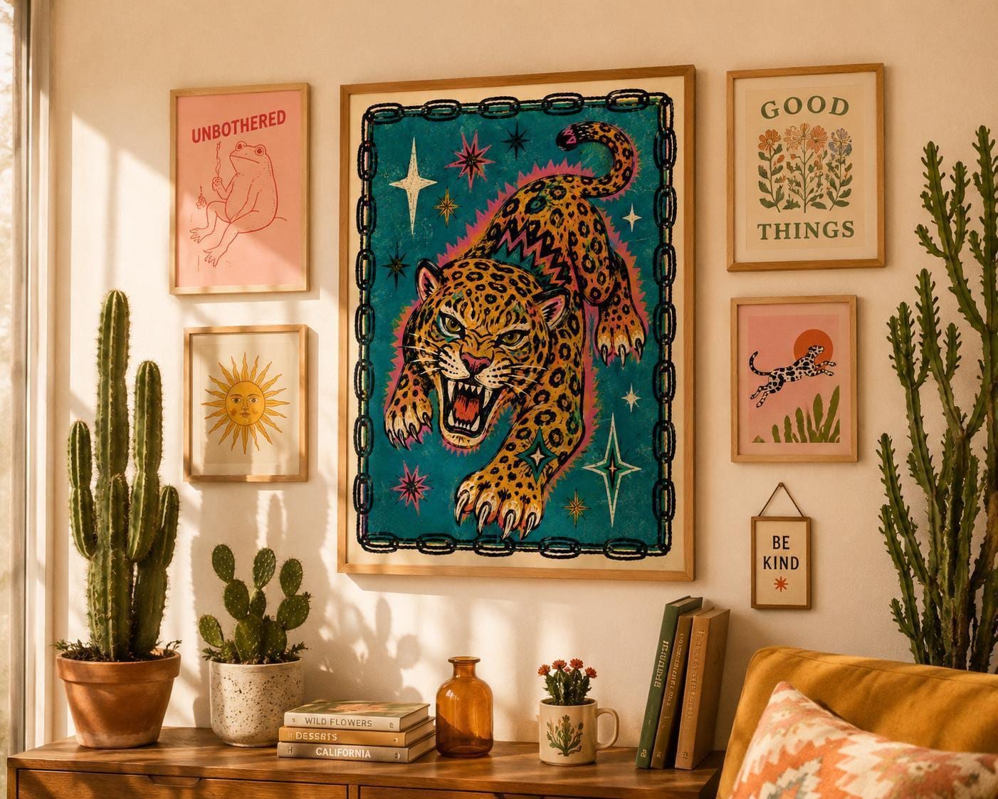 Leopard Wall Art Print, Retro Big Cat Poster, Vintage Tattoo Style Animal Art, Maximalist Eclectic Decor | 018