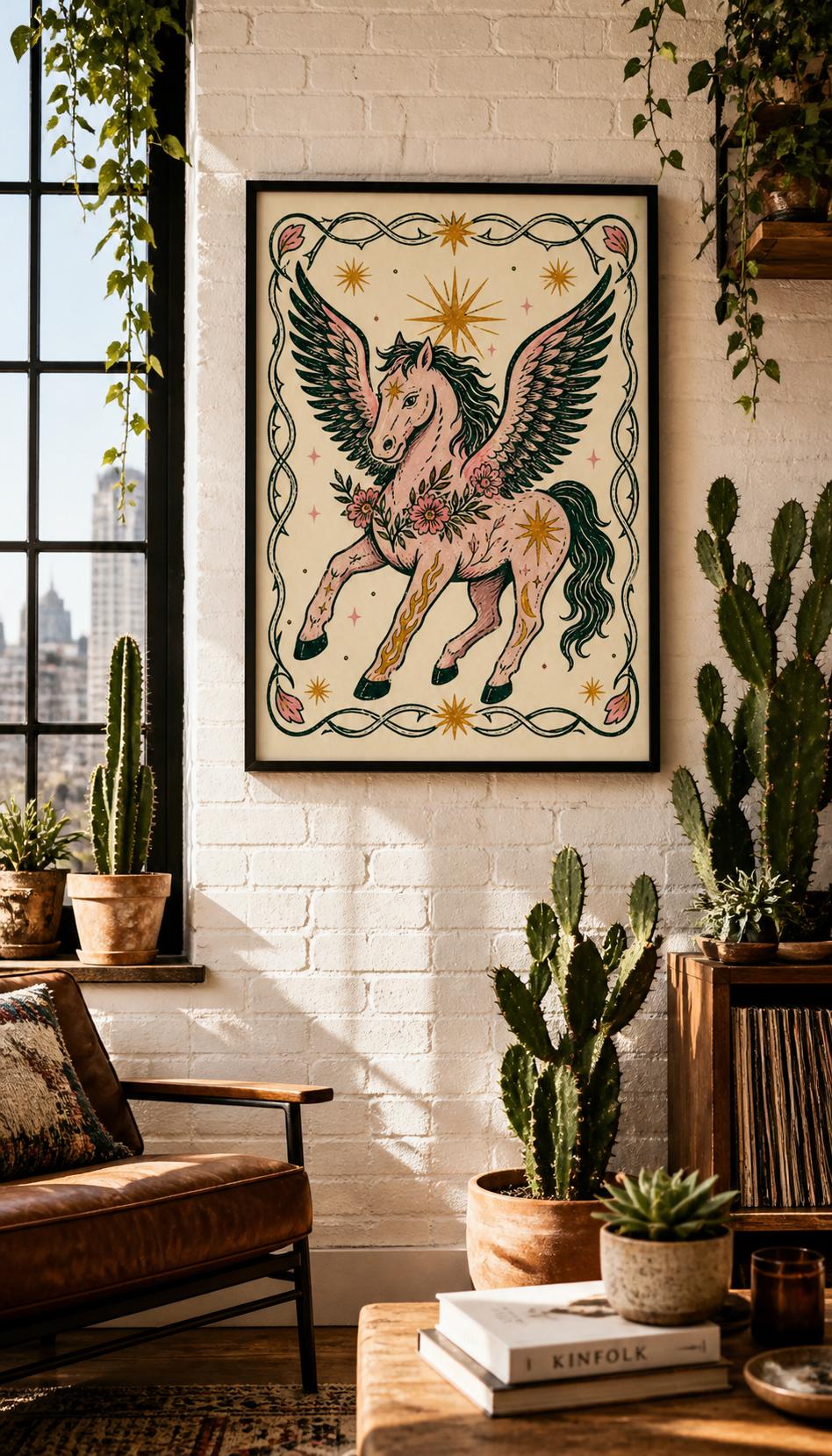 a cozy living room with a large framed illustration of a winged horse, surrounded by potted plants and a bookshelf.