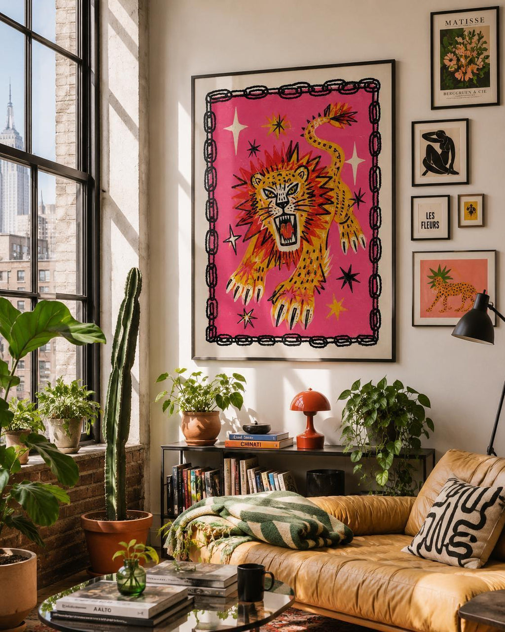 Roaring Leopard Print, Maximalist Animal Wall Art, Pink Leopard Poster, Eclectic Home Decor, Colourful Big Cat Print, A3 A4 Wall Art | 019