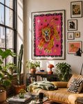 Roaring Leopard Print, Maximalist Animal Wall Art, Pink Leopard Poster, Eclectic Home Decor, Colourful Big Cat Print, A3 A4 Wall Art | 019