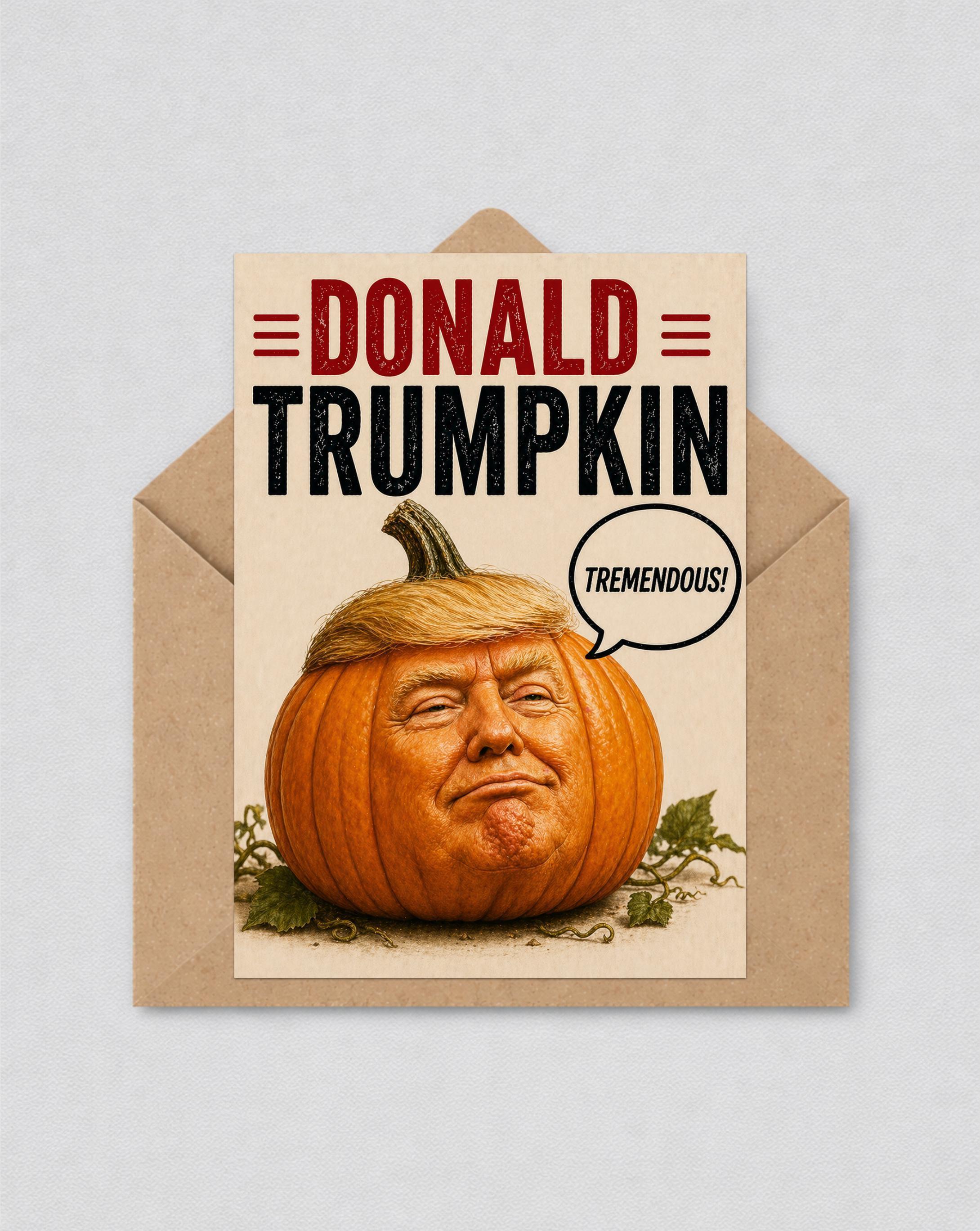 May include: A greeting card depicting a pumpkin with a face resembling Donald Trump, with a blonde hair-like top. The card reads "DONALD TRUMPKIN" in bold letters, with a speech bubble saying "TREMENDOUS!" The card is inside a brown envelope.